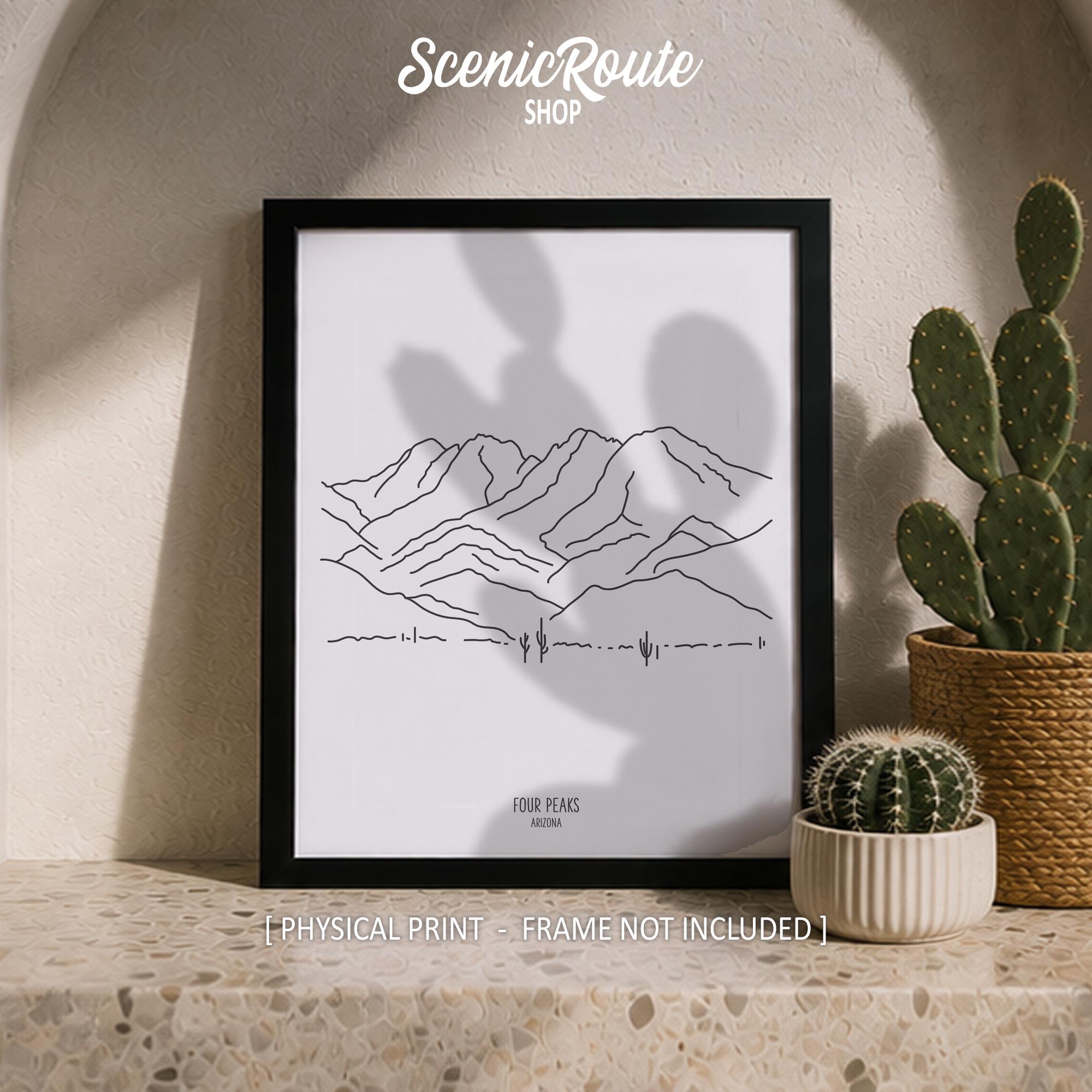 Four Peaks Line Art Print, Minimalist Black & White Arizona