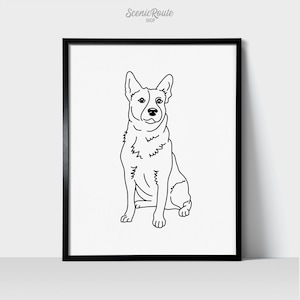 Australian Cattle Dog / Blue Heeler / Red Heeler Dog Wall Art Print | Line Art Drawing | Physical Print | Pet Portrait | Pet Memorial