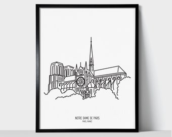 Impression d'art de la cathédrale Notre-Dame de Paris France | Dessin au trait noir et blanc minimaliste | Impression physique | Décoration de voyage en Europe | Art français