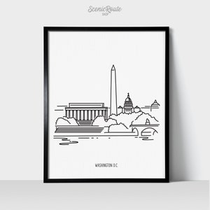 Washington DC Skyline Wall Art Print | Minimalist Black & White Line Art Drawing | Physical Print Ready to Frame | Travel Décor