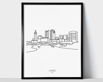 Columbus Ohio Skyline Wall Art Print | Minimalist Black & White Line Art Drawing | Physical Print Ready to Frame | Travel Décor