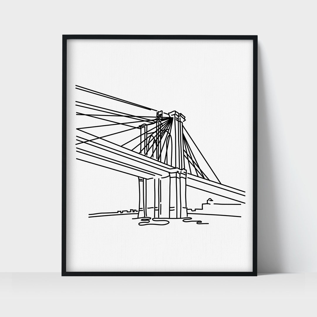 Brooklyn Bridge New York City Art Print / Black & White Line Art