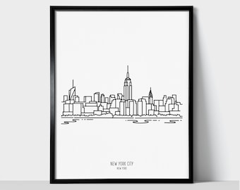 Impression d'art mural New York City Empire State Skyline | Dessin au trait noir et blanc minimaliste | Impression physique prête à encadrer | Décoration de voyage