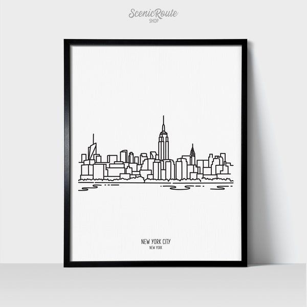 New York City Empire State Skyline Wall Art Print | Minimalist Black & White Line Art Drawing | Physical Print Ready to Frame | Travel Décor