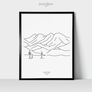 Four Peaks Mountains Arizona Wall Art Print | Minimalist Black & White Line Art Drawing | Physical Print | Landscape Travel Art