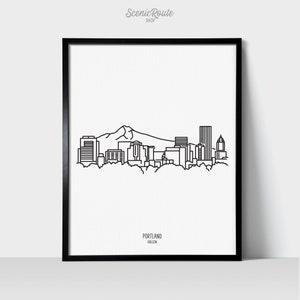Portland Oregon Skyline Wall Art Print | Minimalist Black & White Line Art Drawing | Physical Print Ready to Frame | Travel Décor