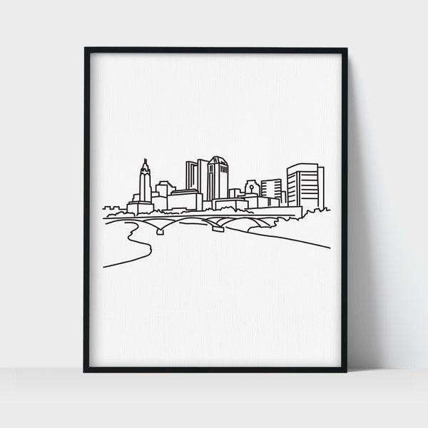 Columbus Ohio Skyline Wall Art Print | Minimalist Black & White Line Art Drawing | Physical Print Ready to Frame | Travel Décor