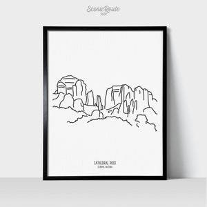 Cathedral Rock Sedona Arizona Wall Art Print | Minimalist Black & White Line Art Drawing | Physical Print | Red Rocks Landscape Travel Art