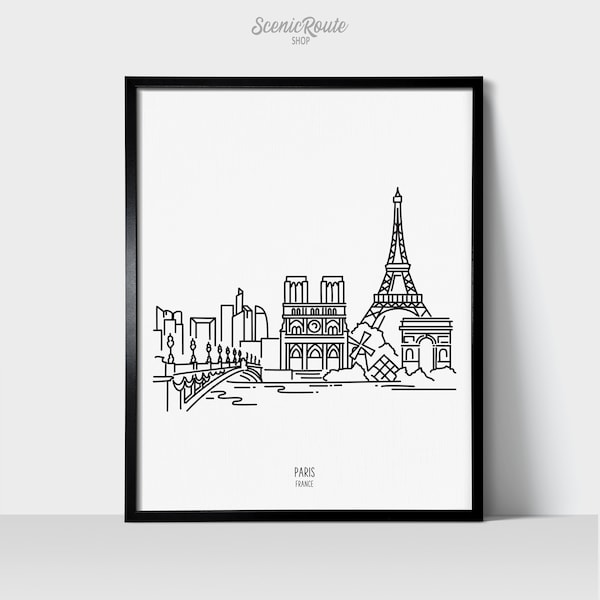Paris France Skyline Wall Art Print | Minimalist Black & White Line Art Drawing | Physical Print Ready to Frame | Europe Travel Décor