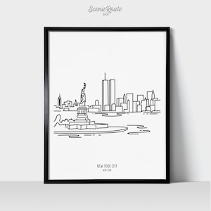 New York City Twin Towers Skyline Wall Art Print | Minimalist Black & White Line Art Drawing | Physical Print Ready to Frame | Travel Décor