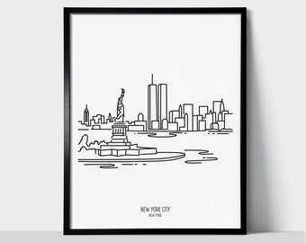 New York City Twin Towers Skyline Wall Art Print | Minimalist Black & White Line Art Drawing | Physical Print Ready to Frame | Travel Décor