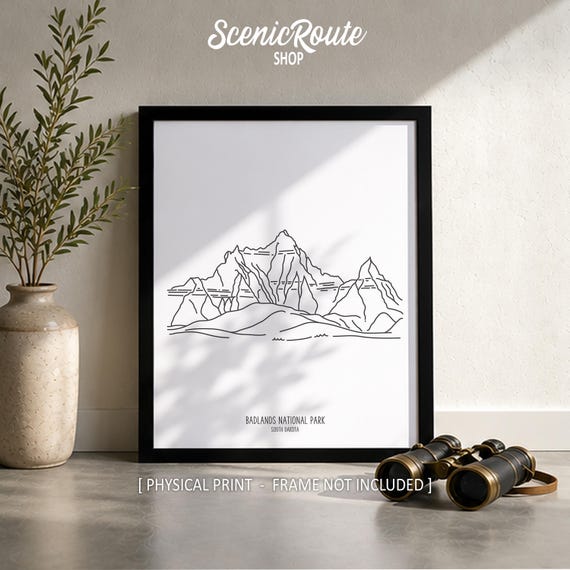 Badlands National Park Line Art Print, Minimalist Black & White