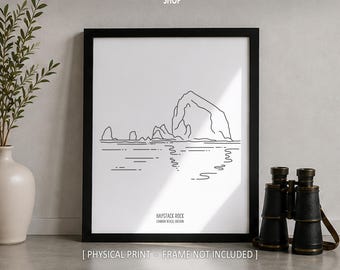 Haystack Rock Line Art Print,  Minimalist Black & White Oregon Coastal Beach Scenery Drawing