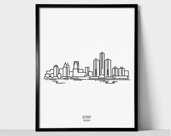 Detroit Michigan Skyline Wall Art Print | Minimalist Black & White Line Art Drawing | Physical Print Ready to Frame | Travel Décor