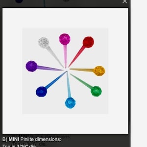 May include: A set of eight mini pinlite bulbs in various colors, including white, pink, red, purple, blue, green, and yellow. The bulbs are arranged in a circle with their stems pointing outwards. Each bulb has a 3/16 inch diameter and a 1/2 inch long stem with a 1/16 inch diameter.