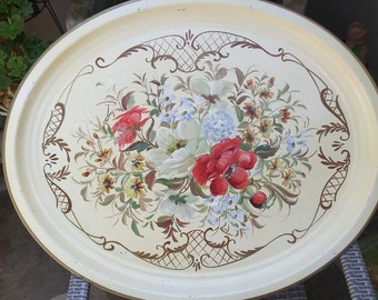 Vintage large tole painted tole painting role tray floral tray cream background gold trim colorful flowers