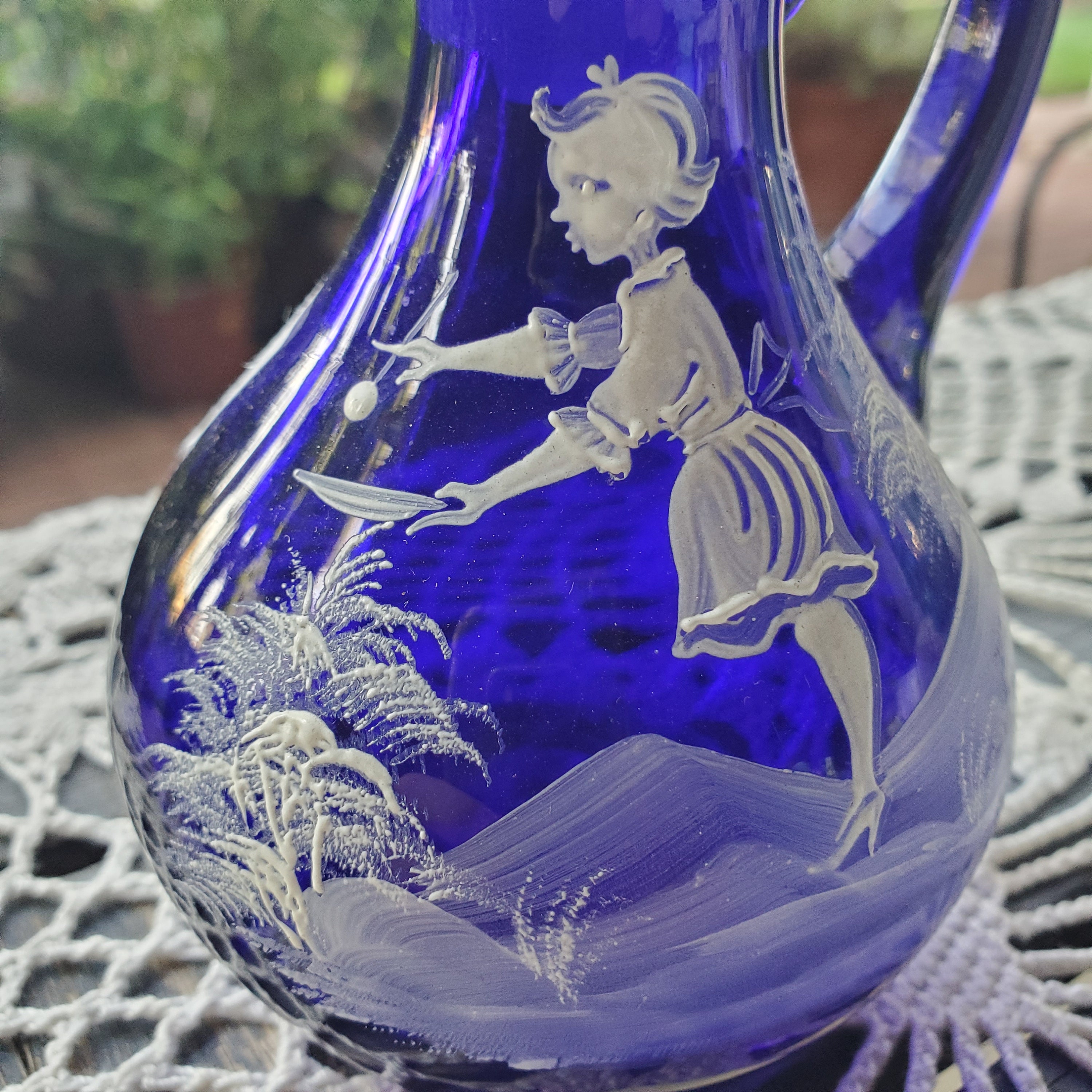 ブルーガラスメアリーグレゴリーのセットアンティーク Vintage Hand Painted Mary Gregory Style Cobalt Blue.glass.cruet