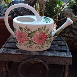 Vintage Ceramic Watering Can Hand stenciled Poinsettia Made In Italy vintage-ceramic-watering-can-hand-stenciled-poinsettia-made-in-italy