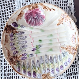 Vintage French barbotine majolica asparagus serving plate hand painted soft colors elegant French country pottery