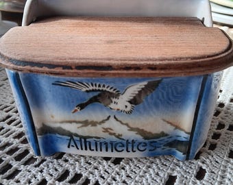 Vintage Allumettes match holder made in Chezechoslovakia goose and mountains wooden lid hangs on the wall