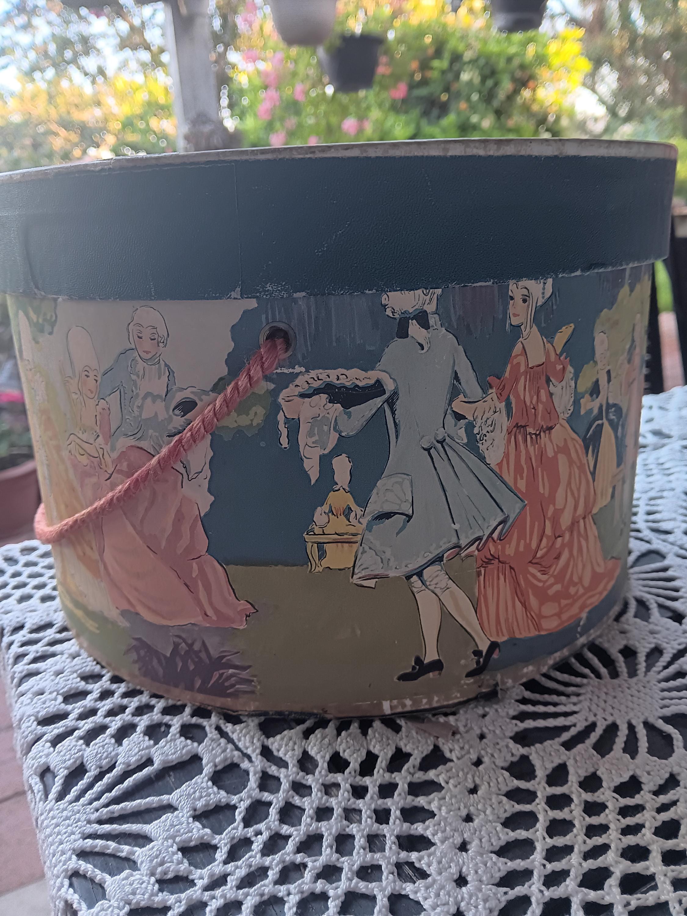 Vintage Ethel Atkins fancy paper ladies hatbox covered in colonial print people dancing playing instruments with Vintage faux fur hat