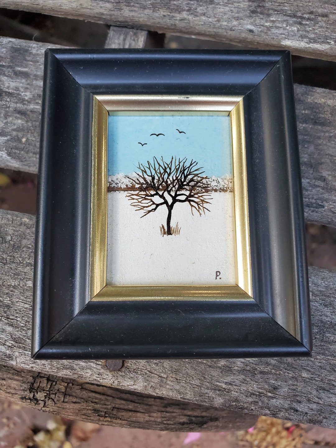 Vintage Tiny Framed Acrylic on Board of Winter Scene Deciduous Tree