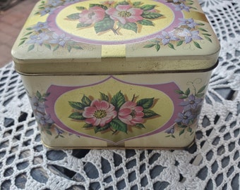 Vintage present box tea tin lidded tin gift box box for tea bags tiny gift tin gold ribbon and pink and blue flowers