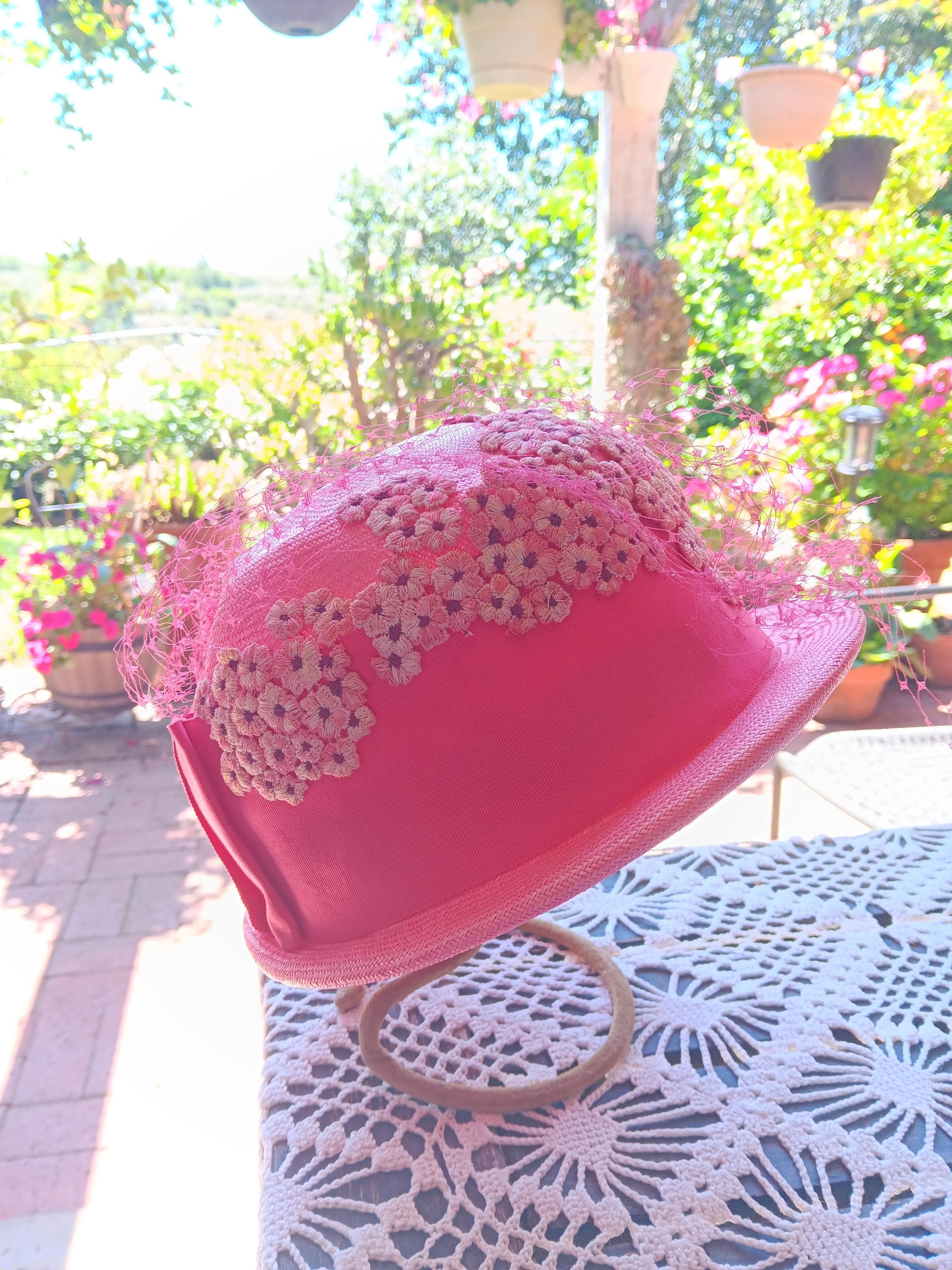 SALE Sweet Mid Century Cloche Style Straw Hat with Pink Rose A lovely 1950s straw broad brimmed hat with silk roses?￼ main image 4