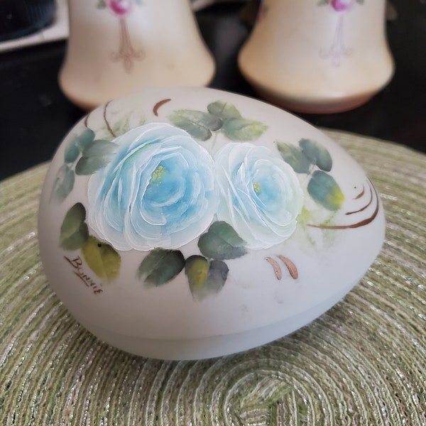 Vintage large hand painted floral Easter egg box signed by artist blue roses gold trim