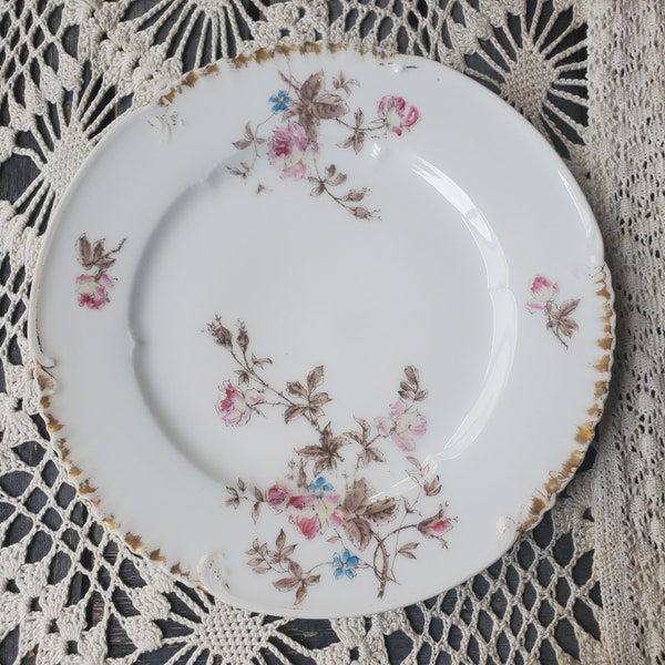 Vintage Haviland Limoges hand painted 8" plate pretty blue and pi k flowers with gold trim wall decor