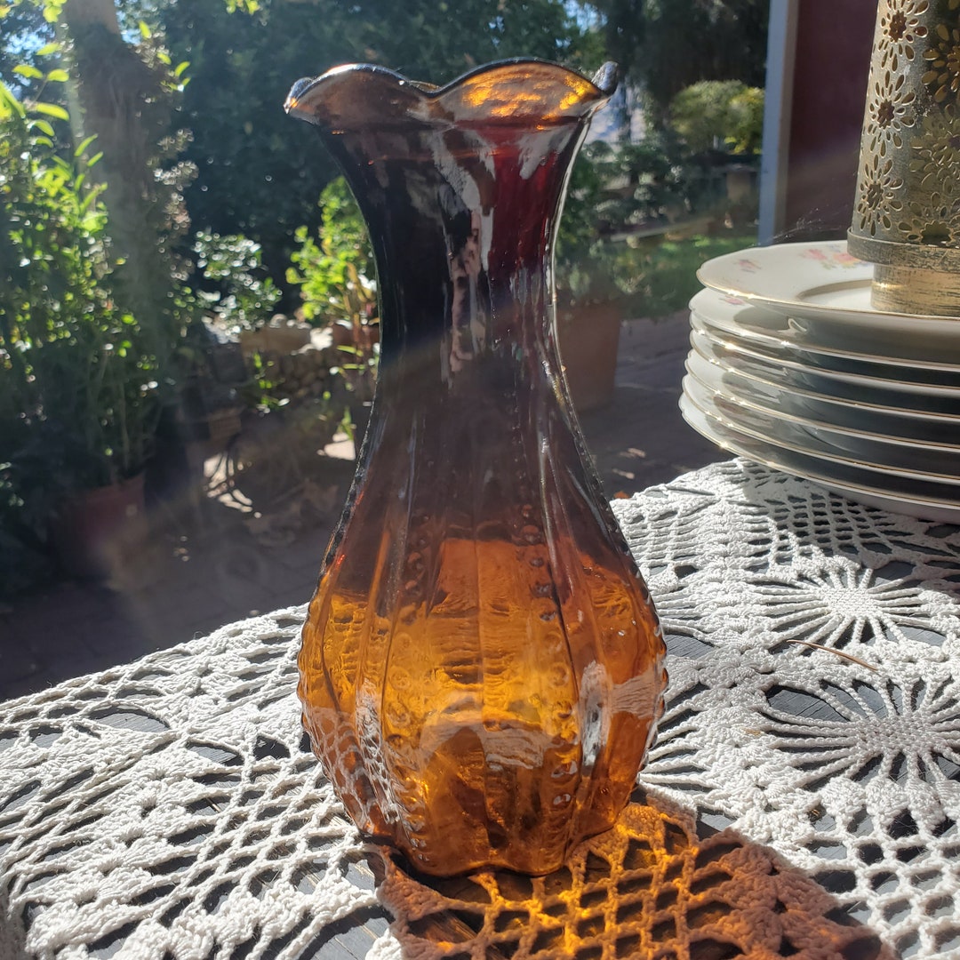 Vintage Amber Glass Flower Vase Marked USA Panels Fluted Rim Flower