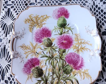 Victorian Hand-Painted Thistle Plate, Haviland Limoges Porcelain, 1891 Square Dish