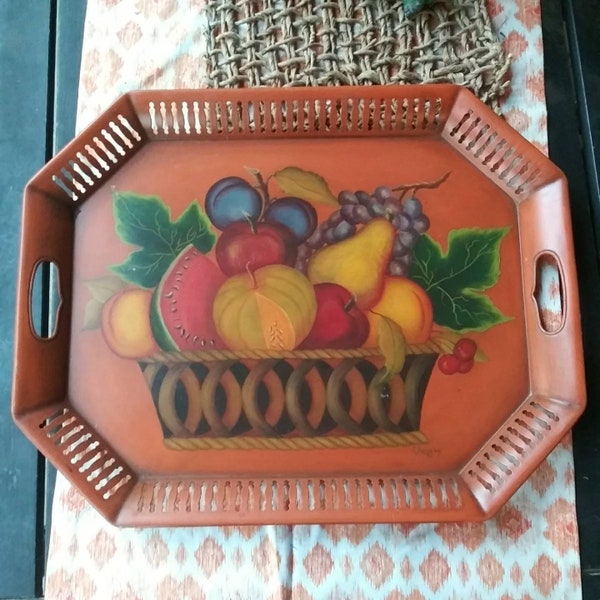 Vintage fruit basket tole painted serving tray