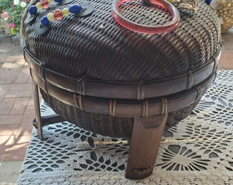 Vintage sewing basket footed basket bracelet beads and coins decoration hand work basket storage basket