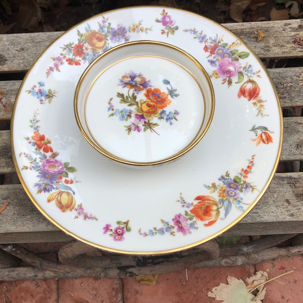 Vintage T and V Limoges footed two tier serving dish floral and gold gilding France