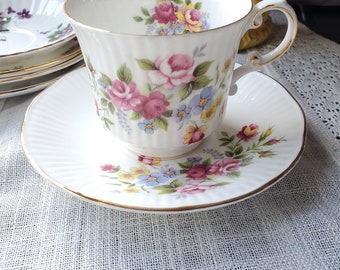 Vintage Rosina China England floral cup and saucer Queen's Ware roses and leaves