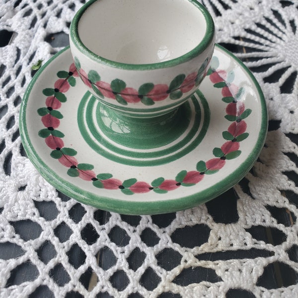 Vintage cute German country pottery egg.cup hand painted.pink and green on cream pottery breakfast table