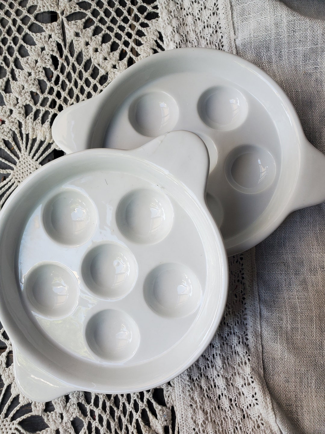 Vintage Pair of White Stoneware Escargot Serving Dishes Heavy Etsy