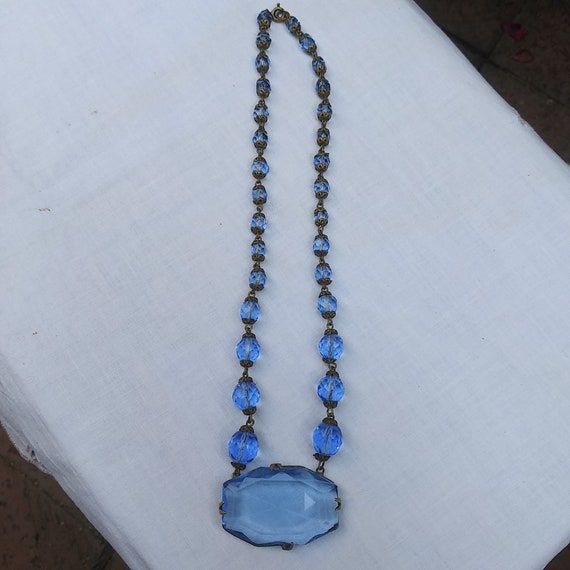 vintage blue glass cabochon statement necklace with glass pearls