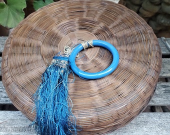 Vintage round woven sewing basket blue glass tassel and bracelet ornaments embroidery basket stitchery basket sewing gift hand sewing