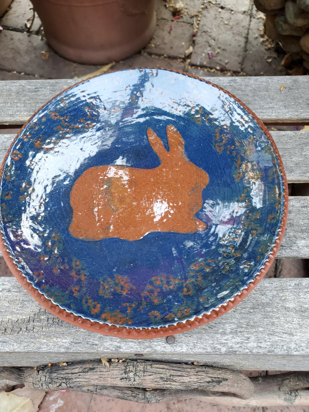Vintage Redware Bunny Rabbit Slip Ware Plate Artist Signed Etsy