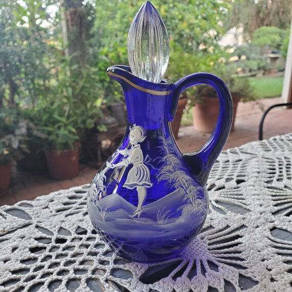 Vintage Hand Painted Mary Gregory Style Cobalt Blue.glass.cruet