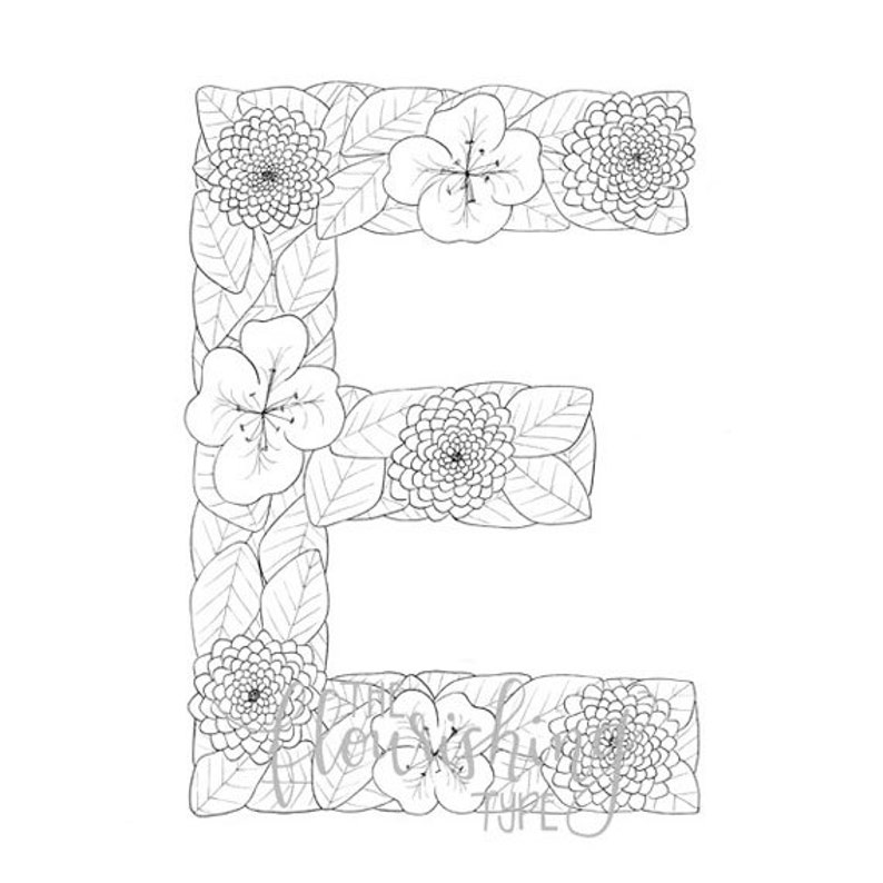 Printable Colouring Page Letter E Floral Inspired English  Etsy