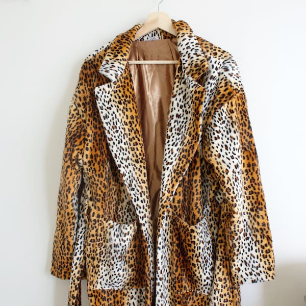 Orange Cream Leopard Print Jacket with Pockets | Lined Overcoat with Pockets and Belt