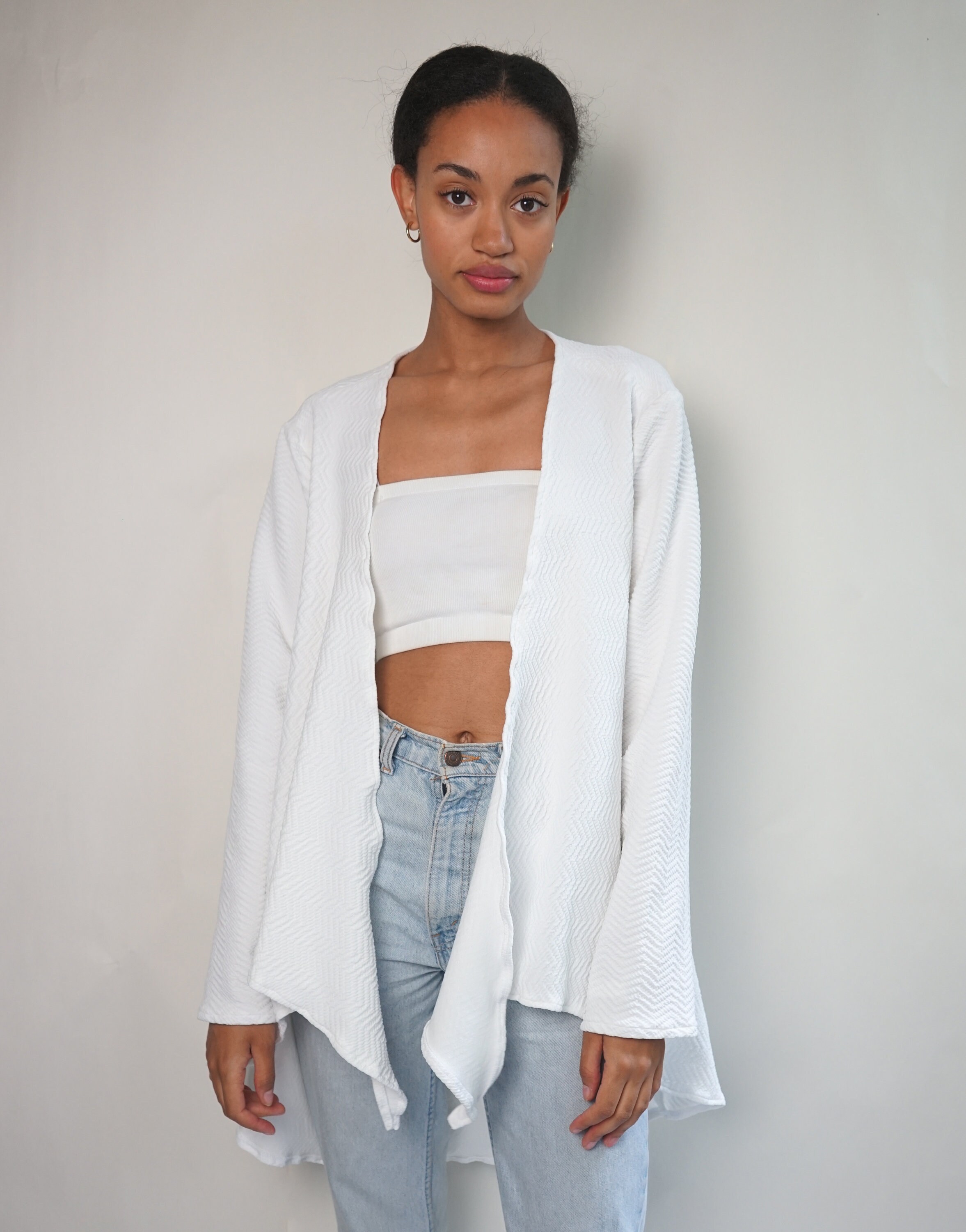 White Textured Cardigan With Draped 