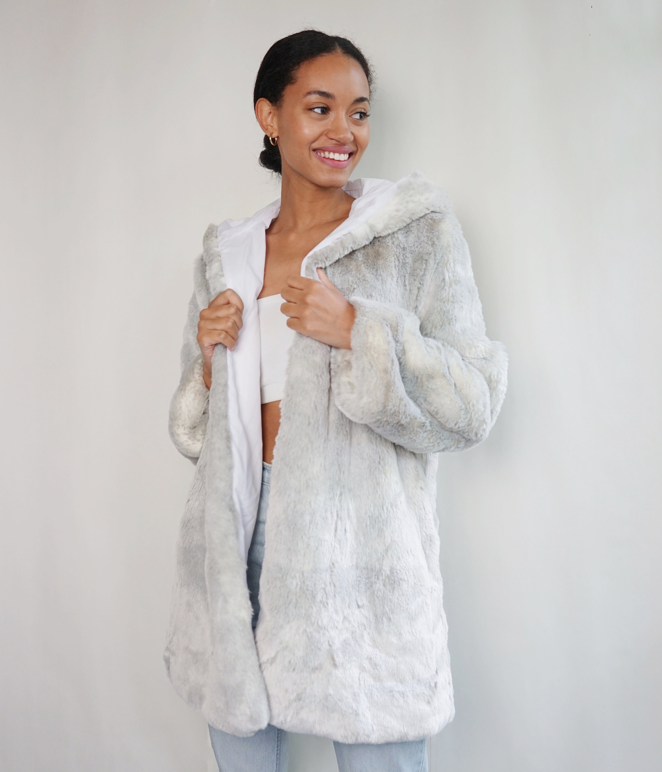 KasomaDesigns Fuzzy Soft Grey White Hooded Jacket | Faux Fur Jacket