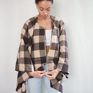 Brown Plaid Zipped Oversized Poncho