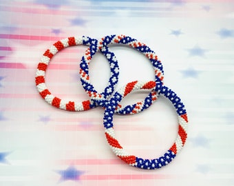 Red, White and Blue USA Flag Bracelets. Patriotic Colors Pattern Nepal Bracelets. Seed Beads Bracelets. Set of 3