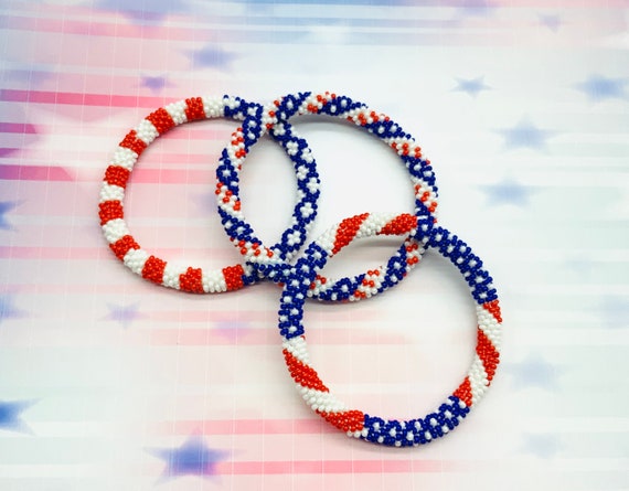 Red, White and Blue USA Flag Bracelets. Patriotic Colors Pattern Nepal Bracelets. Seed Beads Bracelets. Set of 3