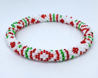 Christmas Colors Nepal Bracelet. Seed Beads Hand Crocheted Bracelet.